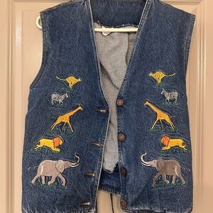 VTG Casey Coleman Denim Vest with Safari Animal Embroidery